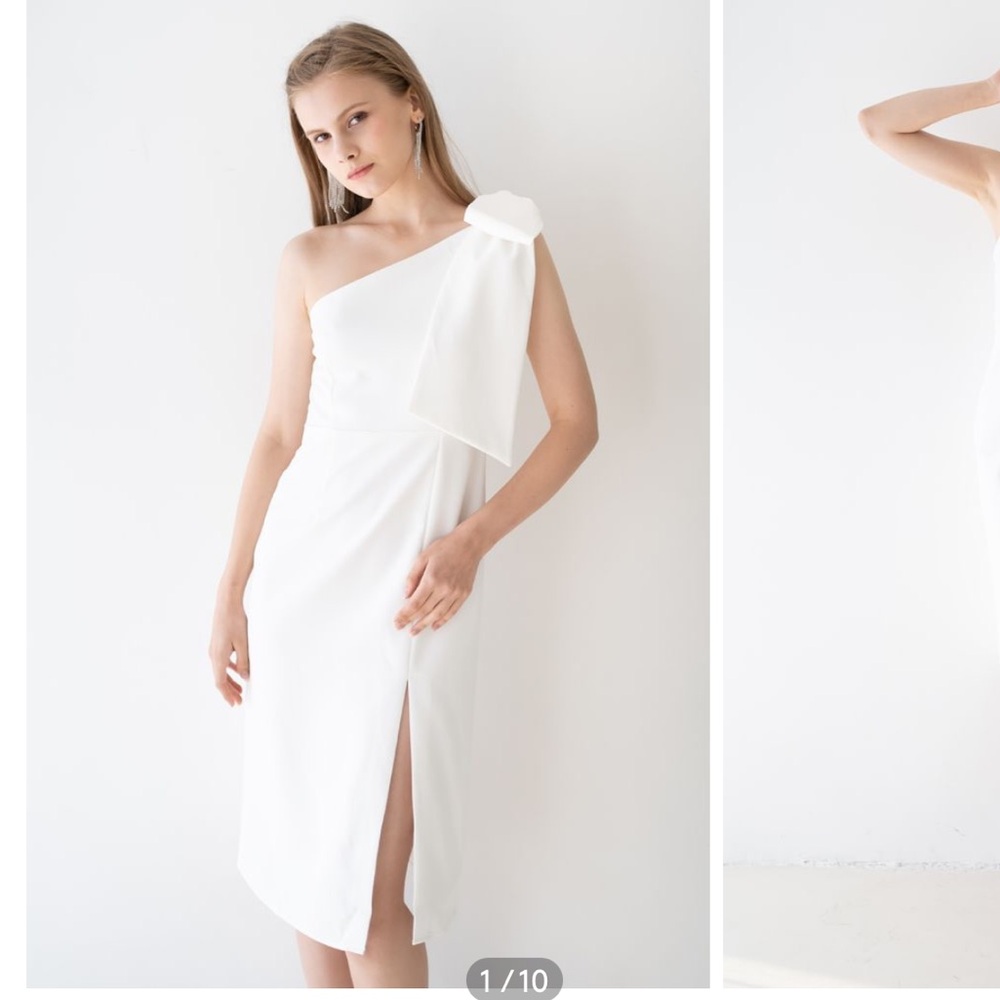White Chic Wish Bow Strap Oblique Slit Shift Dress